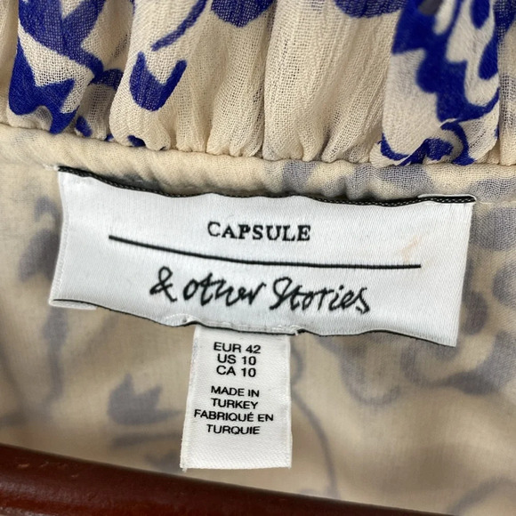 & Other Stories Ruffle Collar Cloud Print Mini Dress Women Sz 10 Tan Blue Tiered - Picture 7 of 15